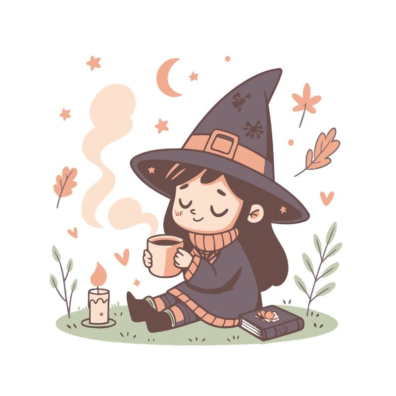 Cozy witch and steaming cup