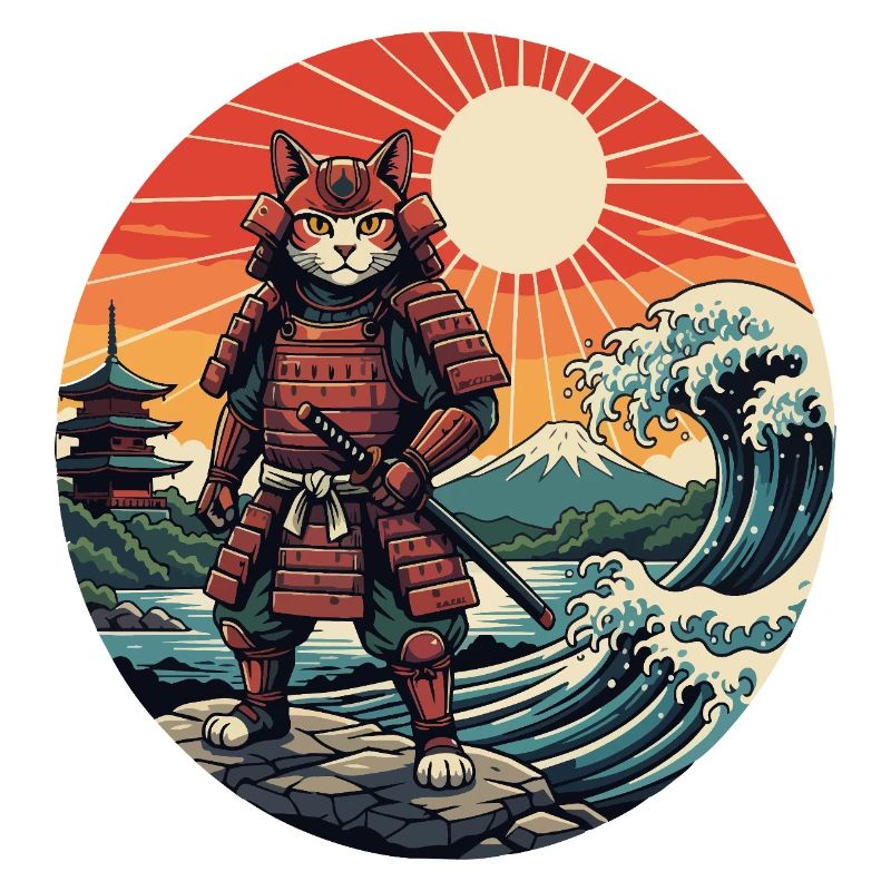 Le chat samouraï aux vagues du coucher du soleil