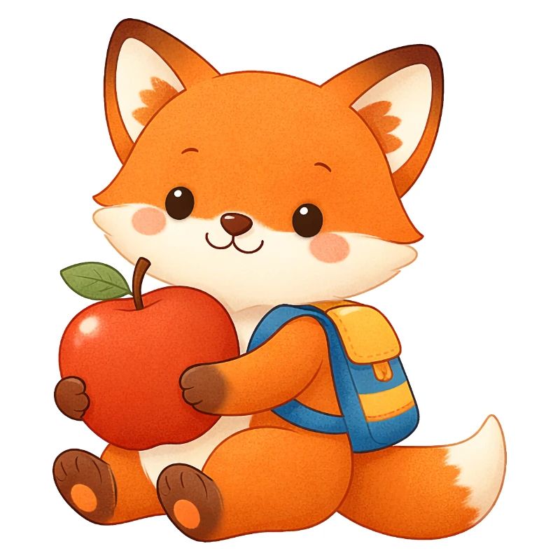 Cuddly fox with apple and backpack