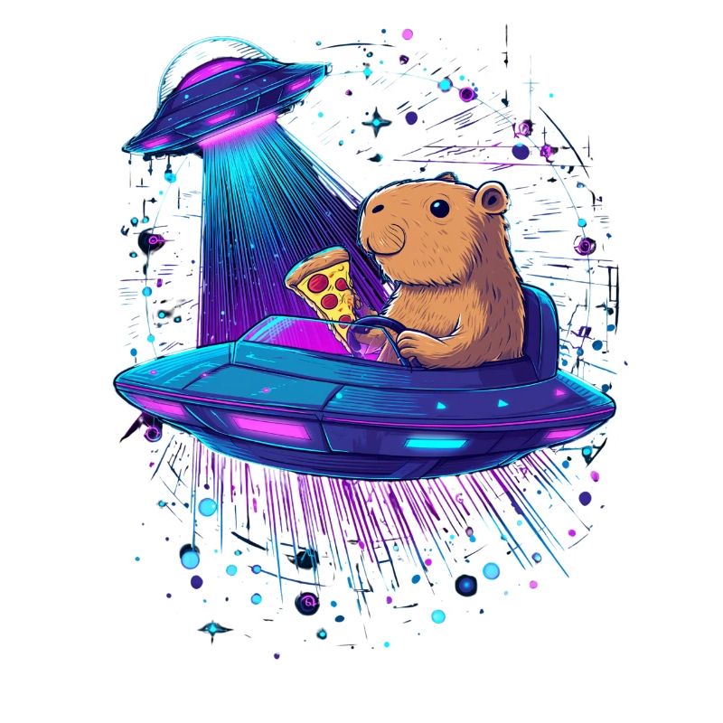 Capybara mit Pizza im UFO