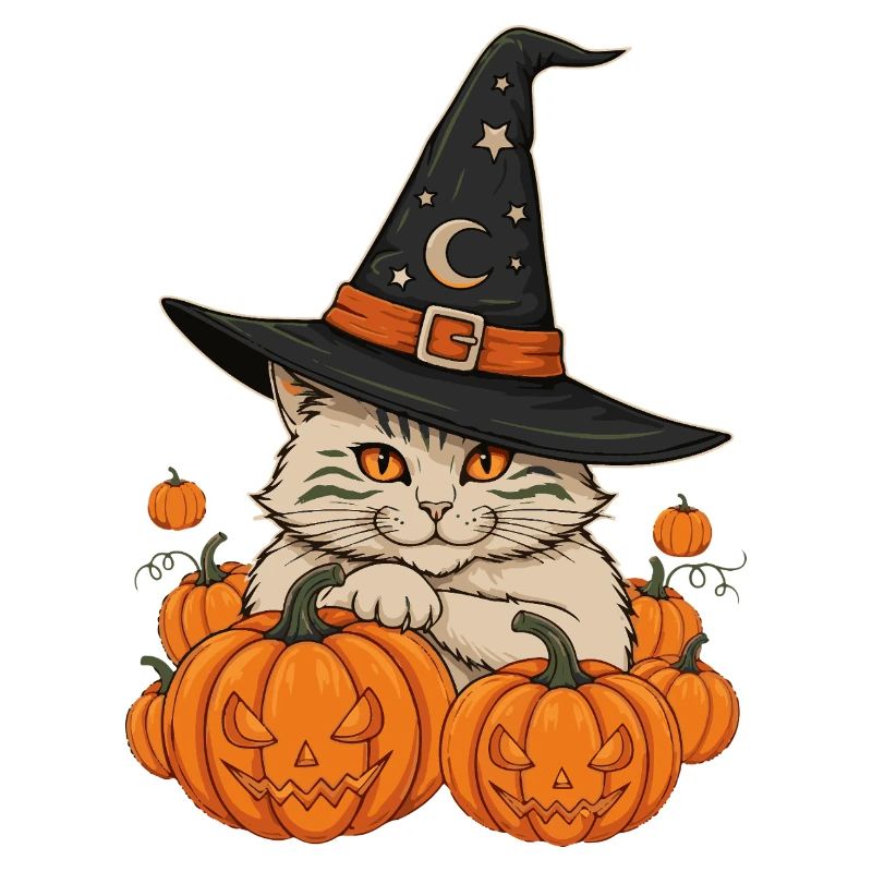 Whiskered Witch Among Pumpkins