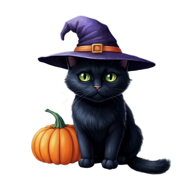 Chat sorcière avec citrouille