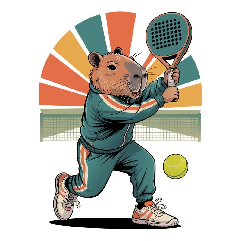 Capybara joue au padel dans un style rétro