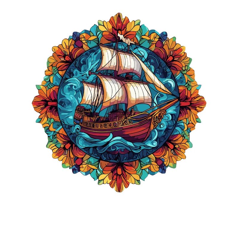 Flower Ring Sailing Ship Illustration