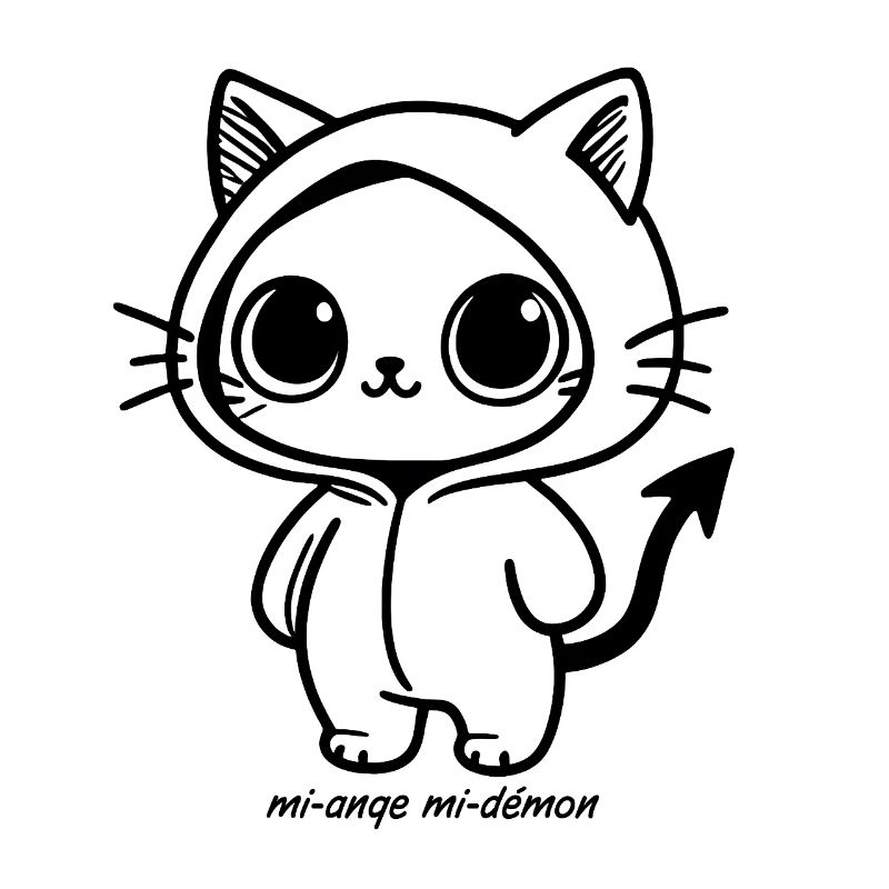 Kawaii-Katze im schwarzen Kapuzenpullover, halb Engel, halb Dämon