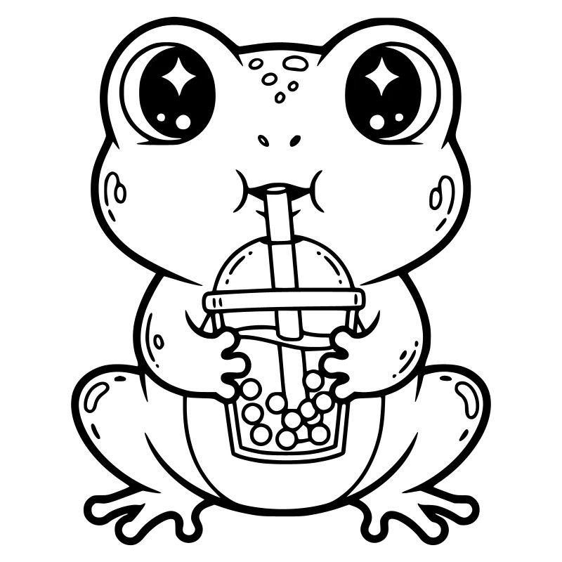 Cute Frog with Bubble Tea Line Art Design
