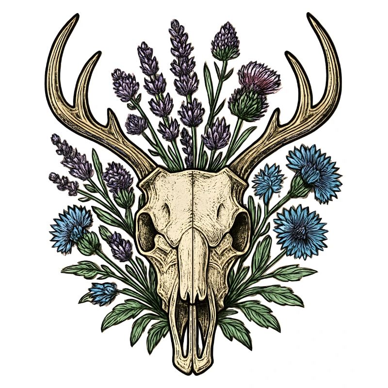 Hirschknochen mit Blumenkranz