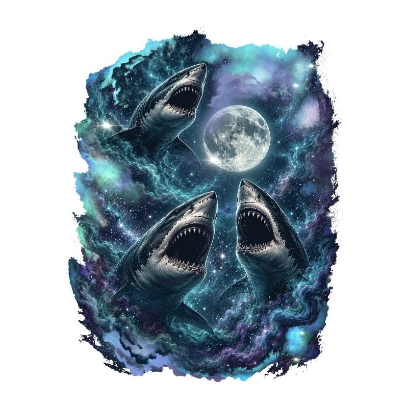Three Sharks Moon Vintage Ocean Retro