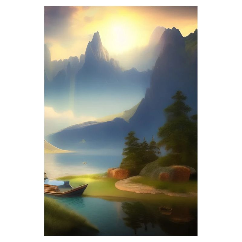 Landschaft mit See, Boot und Berge