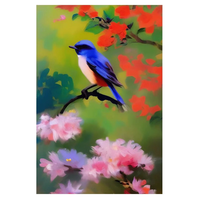 Oiseau sur branche avec fleurs