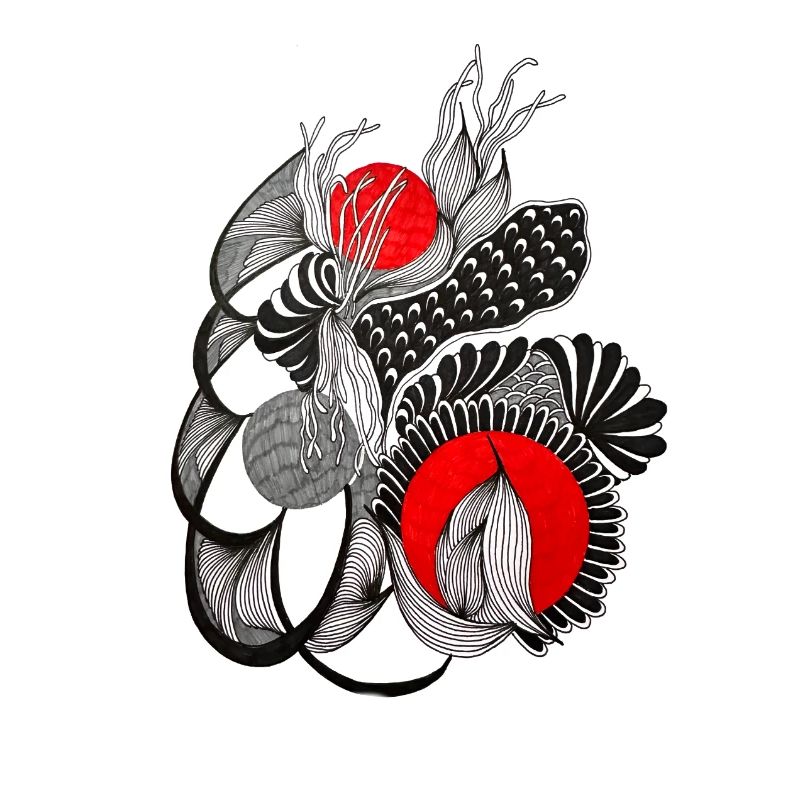 Monochrome flower circles with red