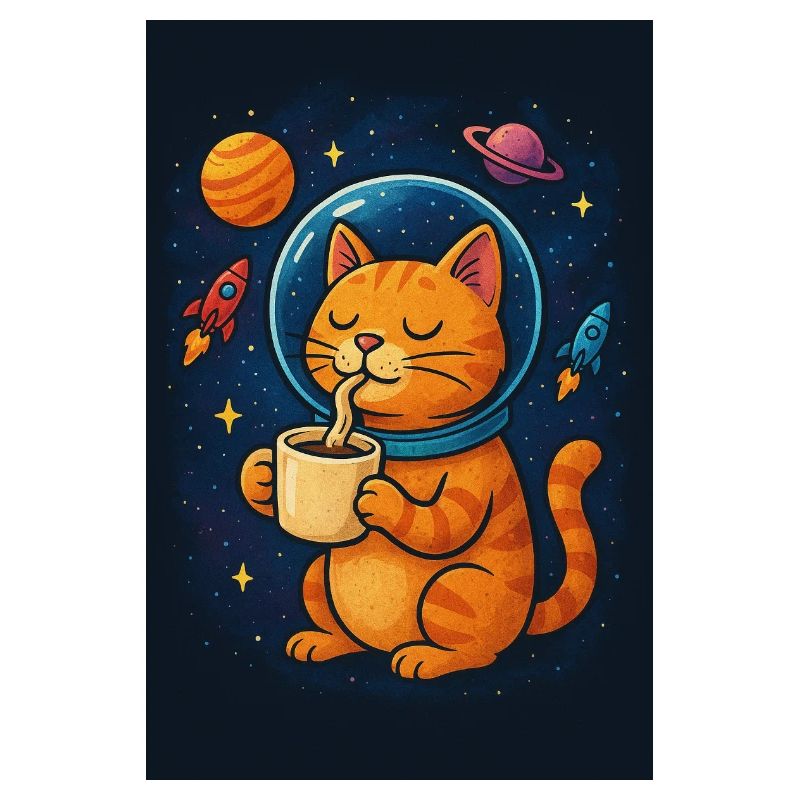 Chat en combinaison spatiale buvant du café