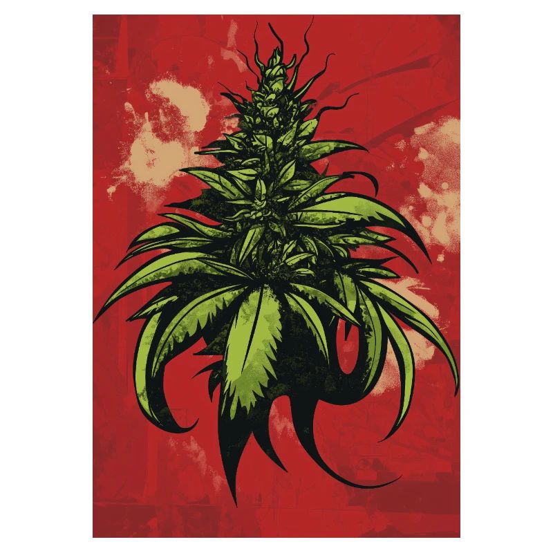 Green Hemp Leaf Illustration on Red