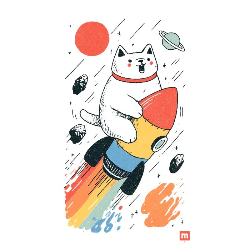 Chat sur fusée dans l’espace coloré