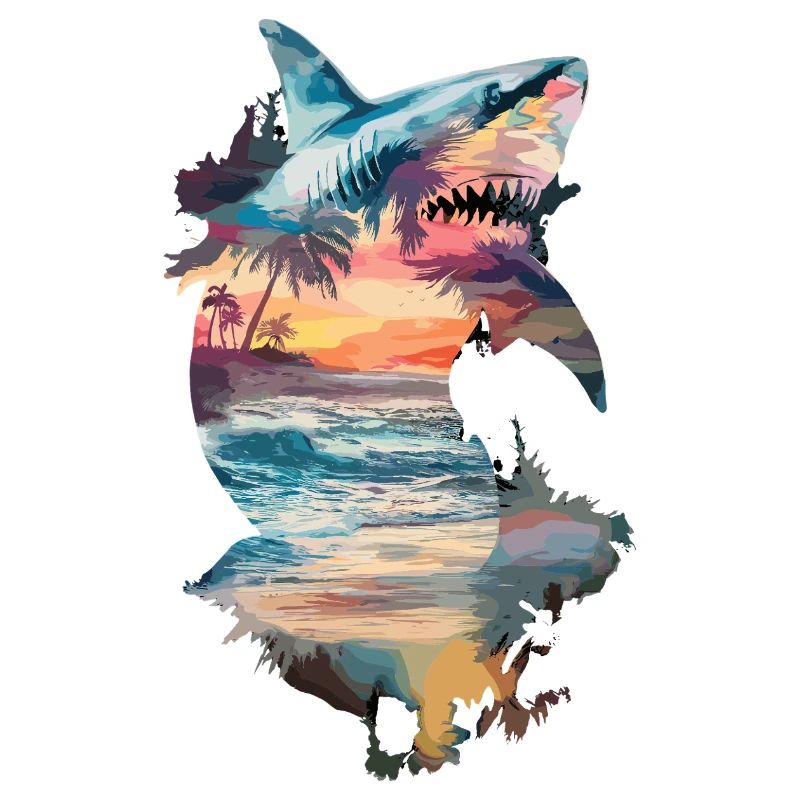 Shark, Sunset, Beach, Palm Trees, Sea, Nature