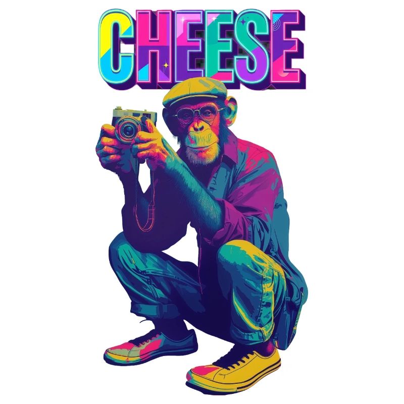Cheese! Monkey with camera in neon pop art style