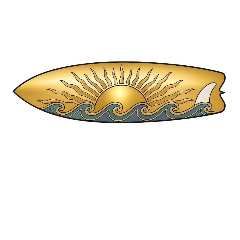 Soleil doré avec planche de surf et surfeur des vagues de mer