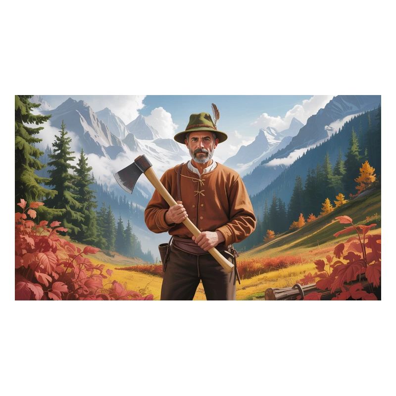 Bûcheron avec hache dans le paysage d’automne