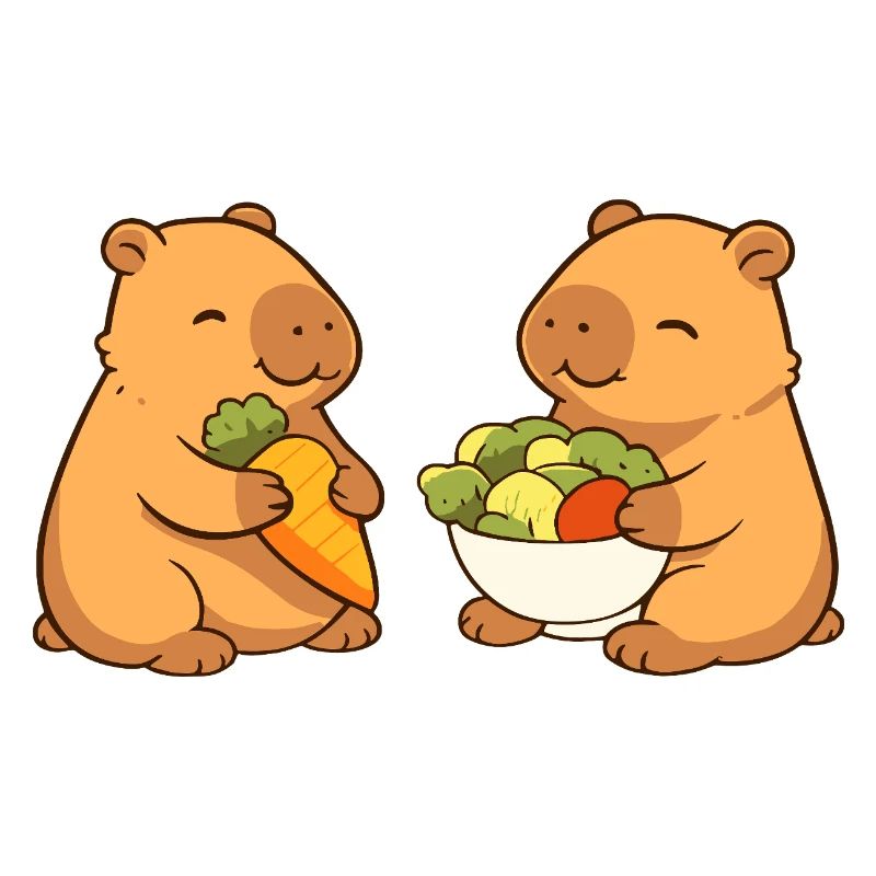 Capybara couple with vegetables – relaxed & cute