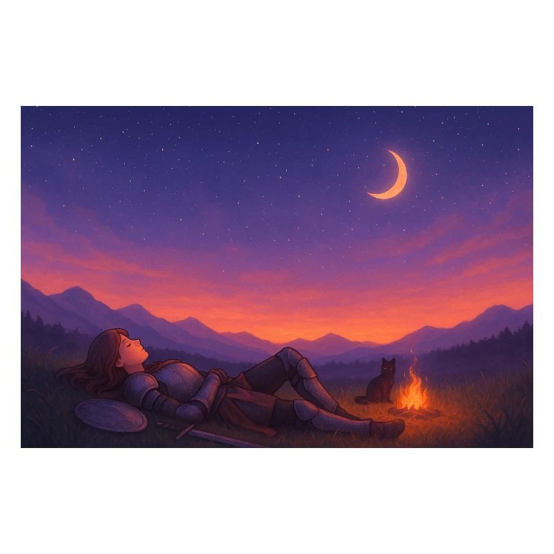 Moonlit Night Knight by the Fire