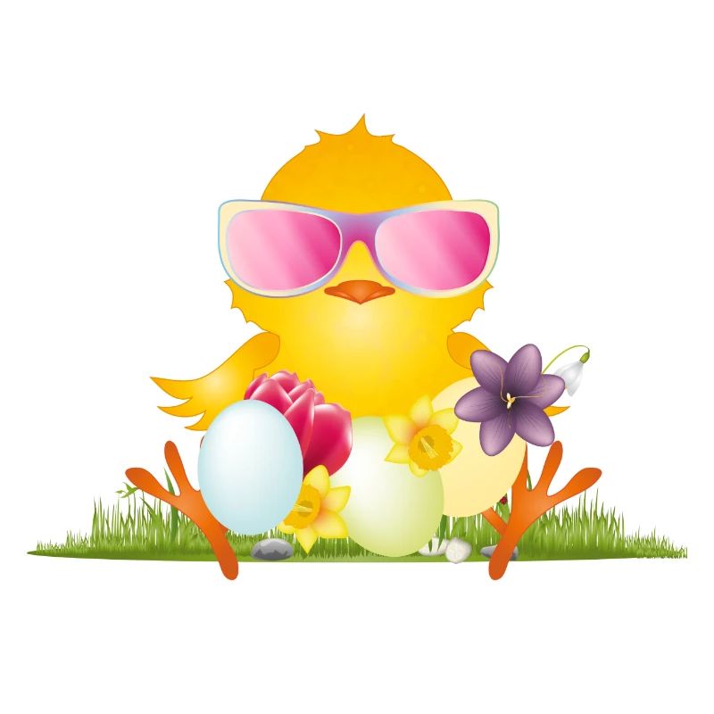 fluffy chick with Easter eggs and pink glasses