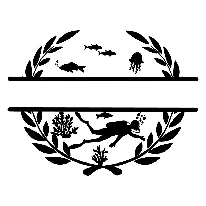Diver underwater in laurel wreath