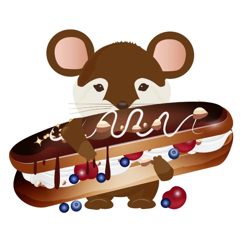 cute mouse with delicious chocolate éclair