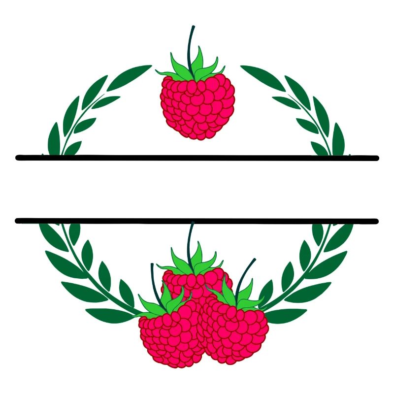 Raspberry in laurel wreath with red raspberry