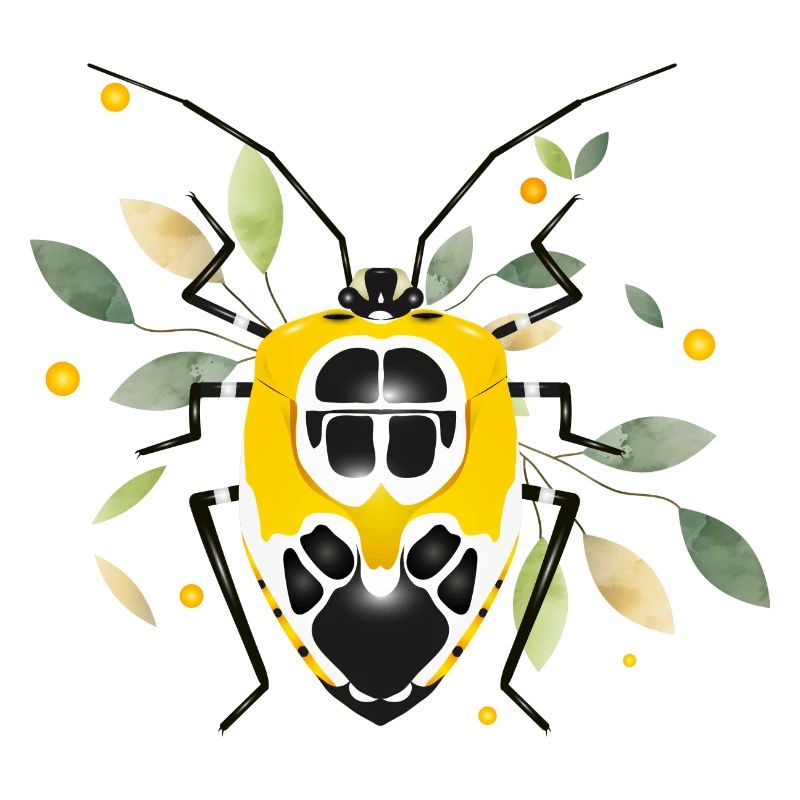 Runibia decorata Krabbeltier Gelb Schwarz mit Laub