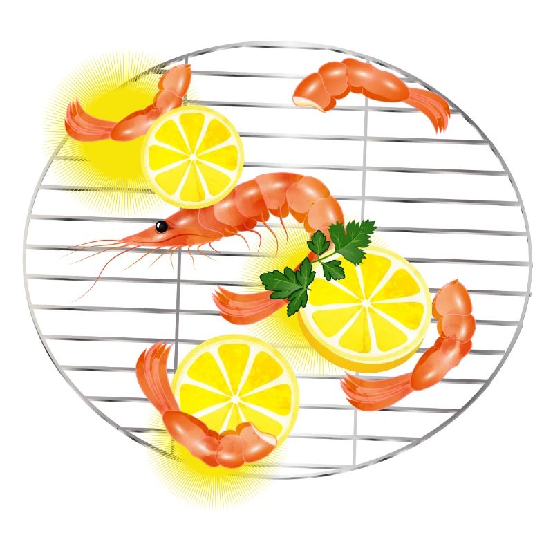 Prawns or shrimp with lemons on grill grate