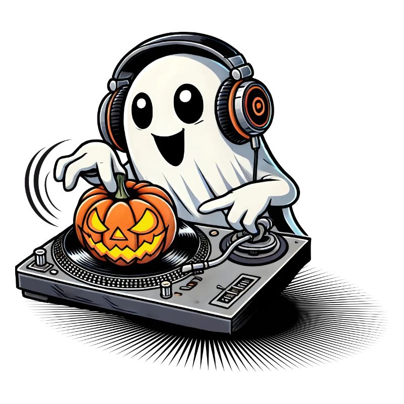 Happy Halloween ghost as a DJ with a pumpkin