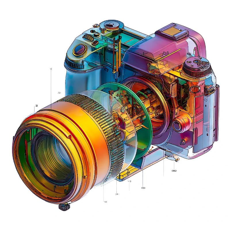 Rainbow camera as CAD design in color explosion