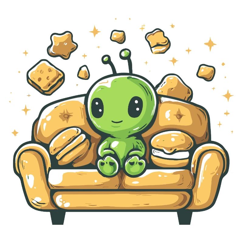 Cuddly alien on sunny sofa
