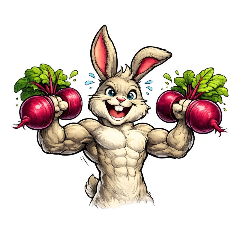 Bunny in the gym with beetroot dumbbells