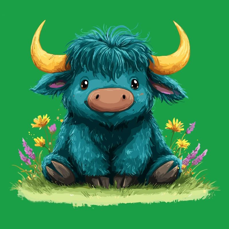 Yak bleu dans une mer de fleurs