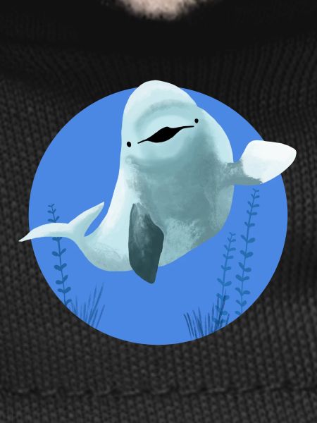 Beluga cheerful in blue circle