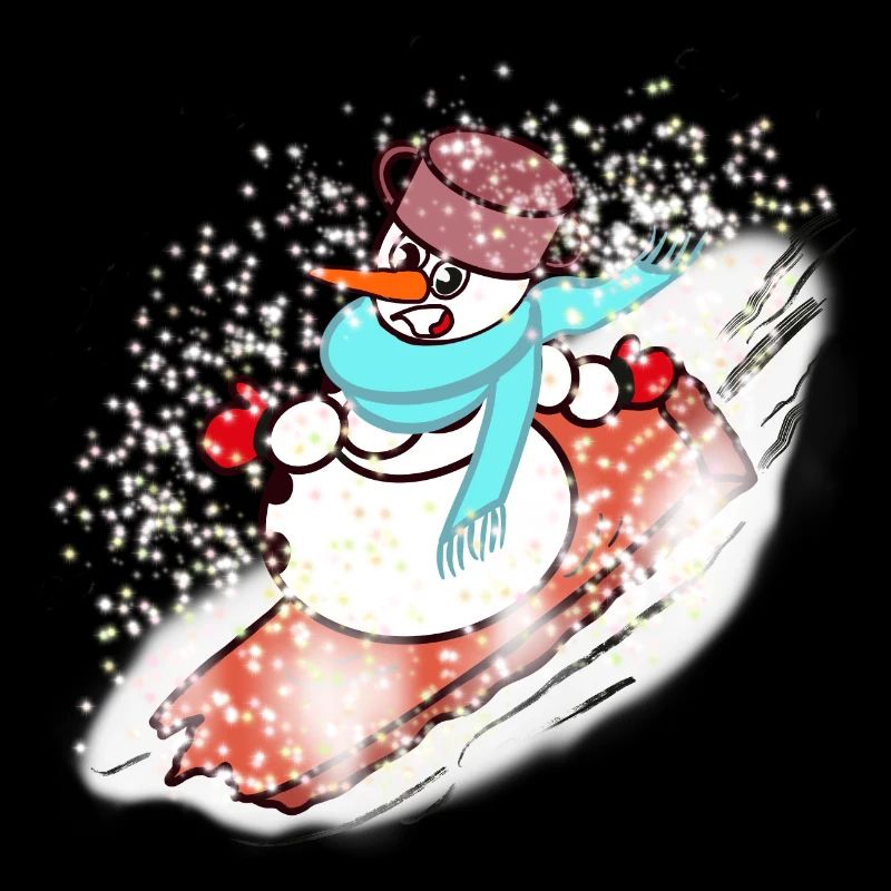 Schneemann mit Schal und Snowboard
