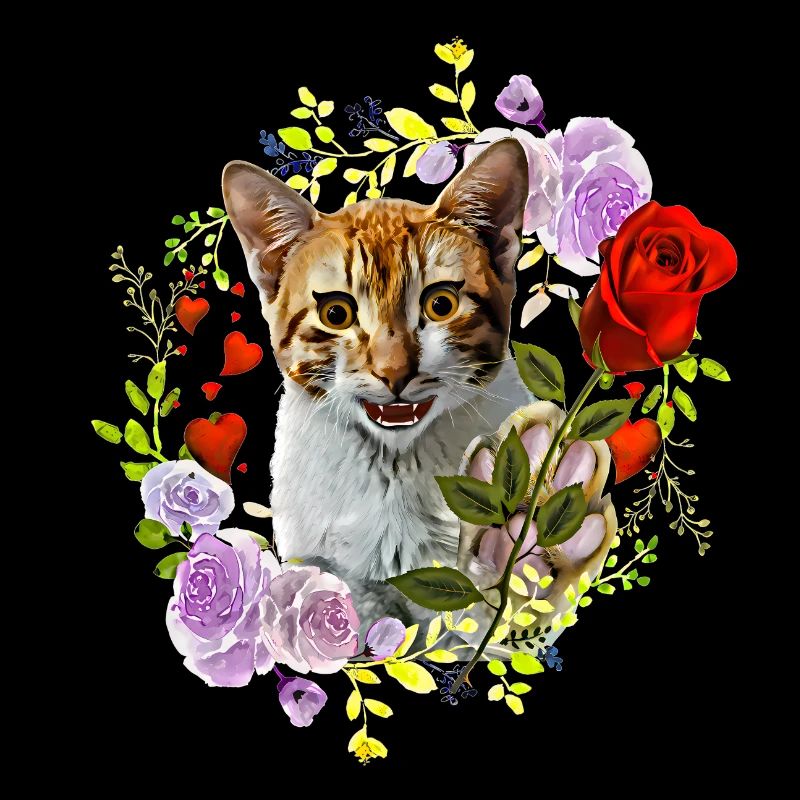 Chat riant avec rose pour l’amour