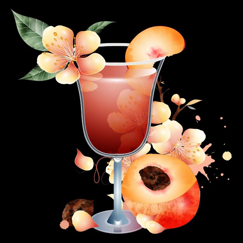 Cocktail with peach half and peach blossoms