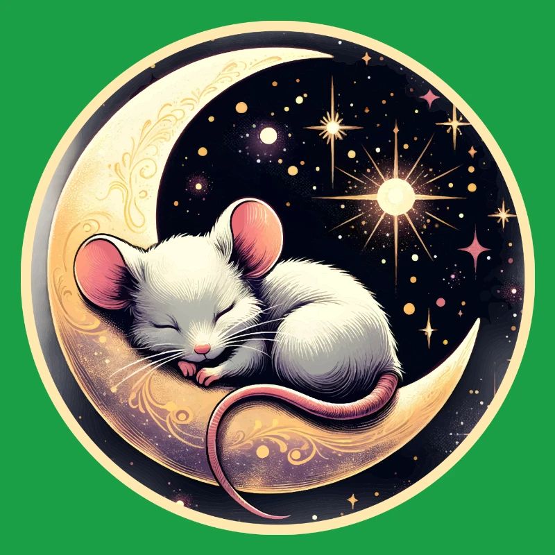 peacefully sleeping mouse, on a crescent moon