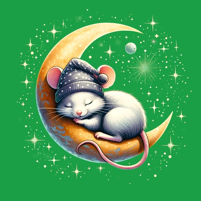 peacefully sleeping mouse, on a crescent moon