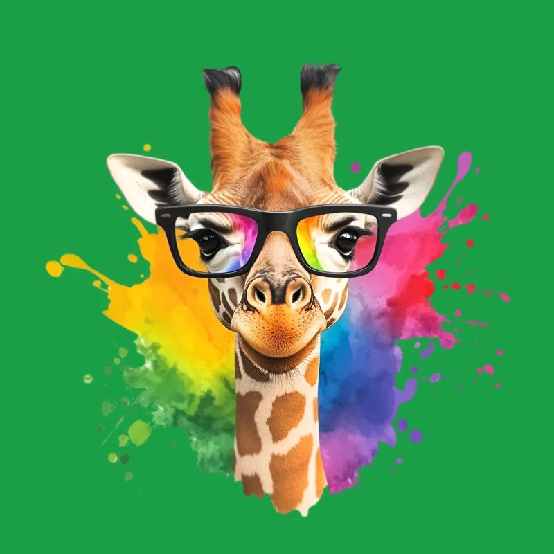 Bunte Giraffe mit Brille und Regenbogen-Spritzer