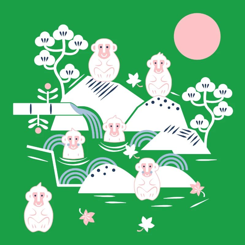 Singes effrayants dans une source chaude l blanc rose bleu