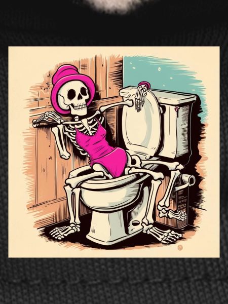 Skeleton in bathroom with swimsuit