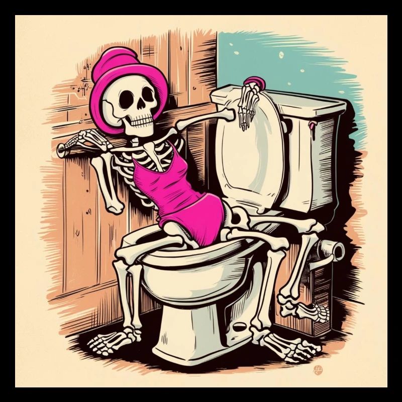 Skeleton in bathroom with swimsuit