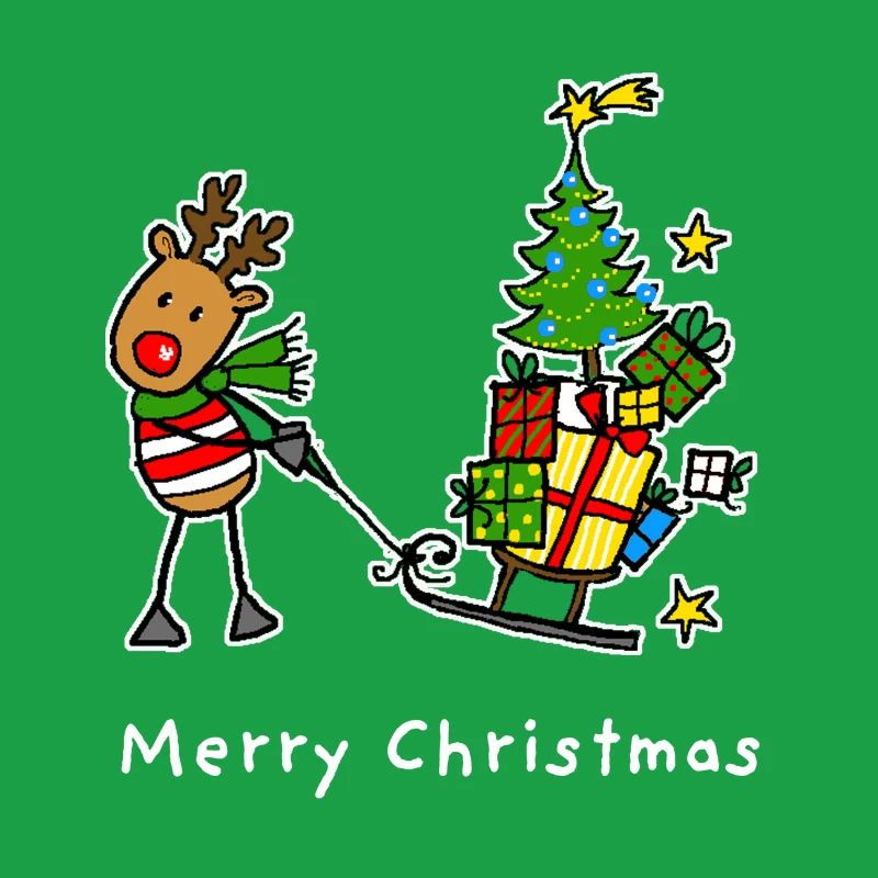 Reindeer pulls tree and gifts on sleigh