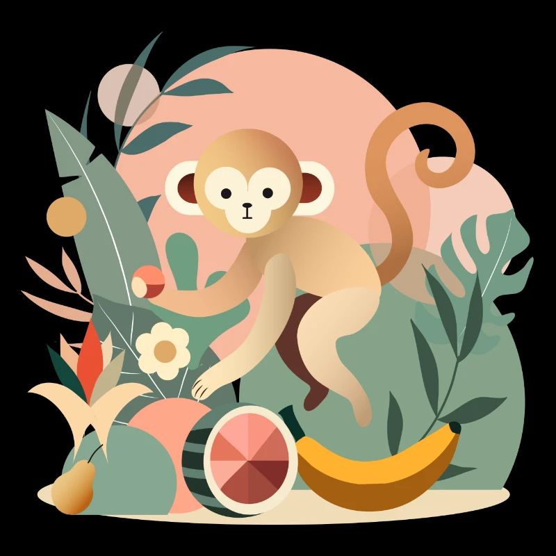 Playful monkey with tropical fruits