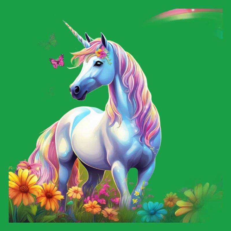 Licorne céleste dans le champ des fleurs avec Schmetterlin