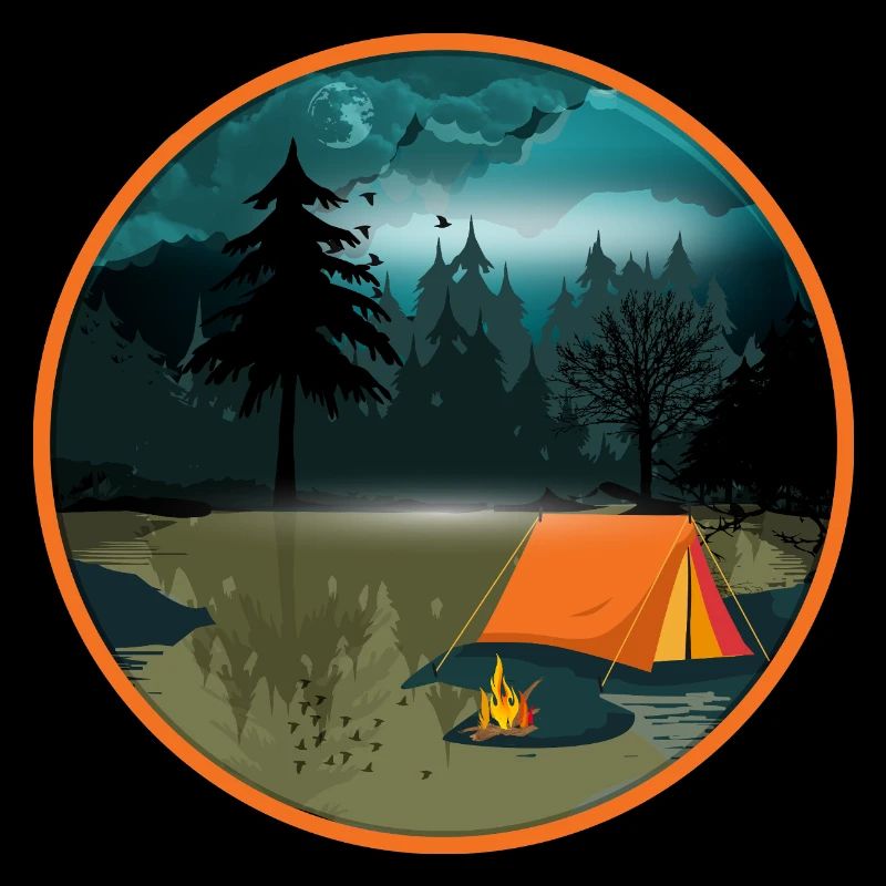 Night camping in the forest with campfire and tent