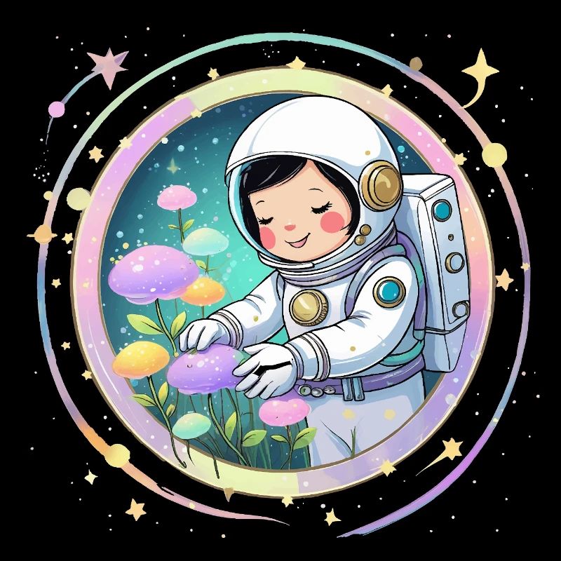 Astronautenmädchen mit Pilzen – Süßes Space-Design